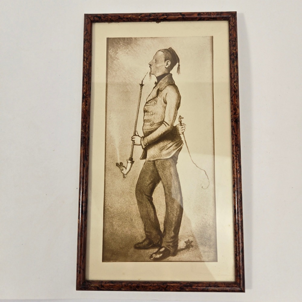 Vintage 1982 Rex Art Framed Man with Pipe Caricature Lithograph Sepia Print